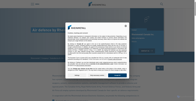 Security scan screenshot of https://www.rheinmetall.com/en/company/subsidiaries/rheinmetall-canada/systems-and-products/air-defence