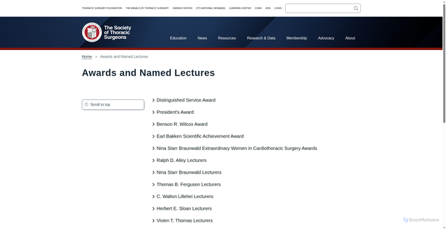 Security scan screenshot of https://www.sts.org/awards-and-named-lectures