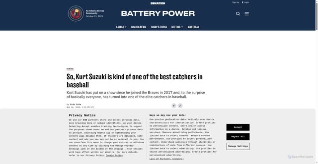 Security scan screenshot of https://www.batterypower.com/2018/4/26/17278528/kurt-suzuki-one-of-the-best-catchers-in-baseball-atlanta-braves