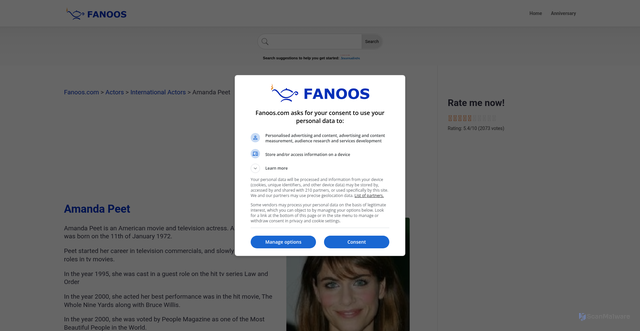 Security scan screenshot of https://fanoos.com/actors/international-actors/amanda-peet/