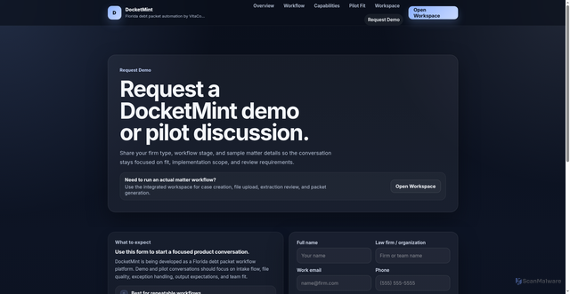 Security scan screenshot of https://docketmint.app/structured-case-intake.html