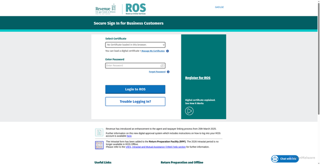 Security scan screenshot of https://ros.ie