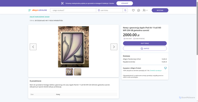 Security scan screenshot of https://allegro-lokalnie.pl-80598.cfd/oferta/nowy-z-gwarancj%C4%85-apple-ipad-air-11cali-m3-wifi-256-gb-gwiezdna-szaro%C5%9B%C4%87-1cfc81ec