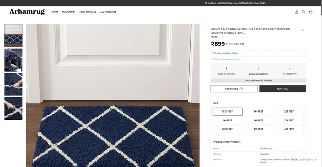 Security scan screenshot of https://arhamrug.shop/Luxury-3-D-Shaggy-Carpet-Rug-For-Living-Room-Bedroom/catalogue/qYJz974_/G9WMKOXM