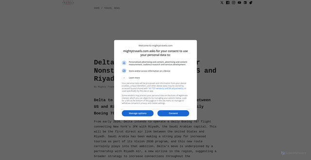 Security scan screenshot of https://www.mightytravels.com/2025/02/delta-to-launch-first-ever-nonstop-flights-between-us-and-riyadh-in-early-2026/