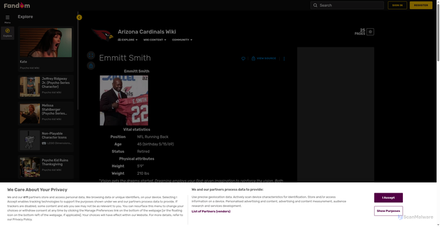 Security scan screenshot of https://arizona-cardinals-wikia.fandom.com/wiki/Emmitt_Smith