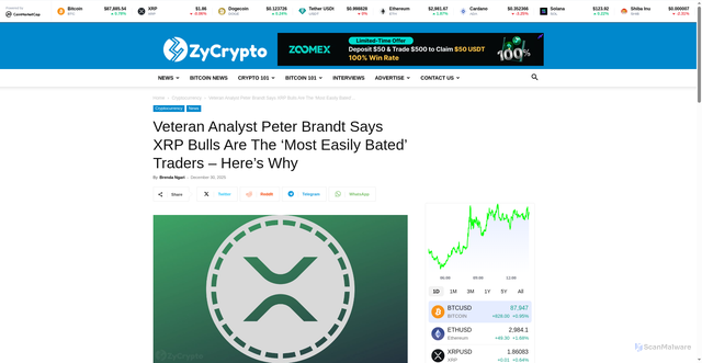 Security scan screenshot of https://zycrypto.com/veteran-analyst-peter-brandt-says-xrp-bulls-are-the-most-easily-bated-traders-heres-why/