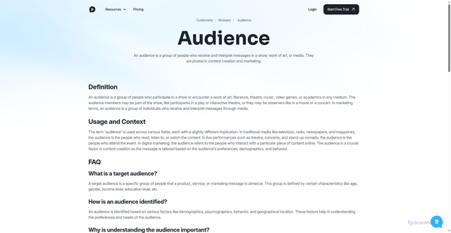 Security scan screenshot of https://www.customerly.io/glossary/audience