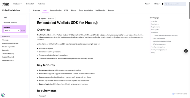 Security scan screenshot of https://metamask-docs-l8lvh00ol-consensys-ddffed67.vercel.app/embedded-wallets/sdk/node