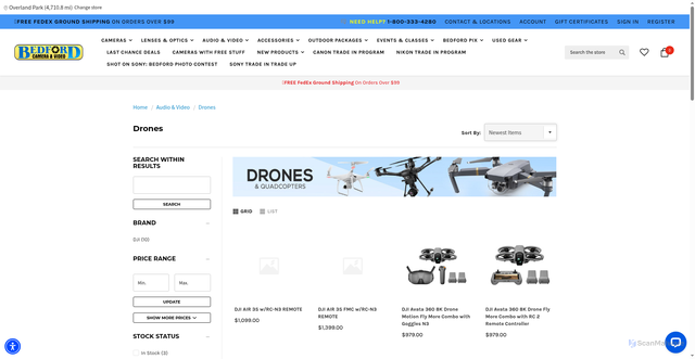 Security scan screenshot of https://www.bedfords.com/drones/?srsltid=AfmBOorysLpKs7-h2pxzTa-GIHYxILXIamPI1bTEfnG29hNp9Y7w4-6r
