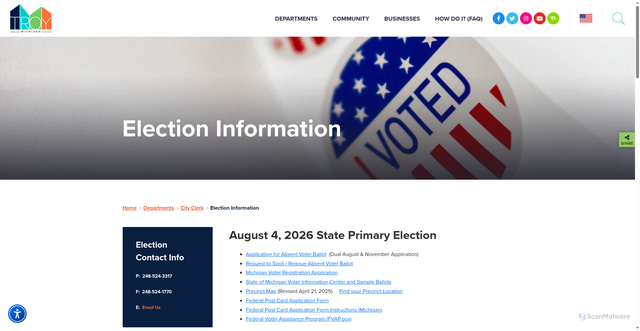 Security scan screenshot of https://troymi.gov/departments/city_clerk/election_information.php