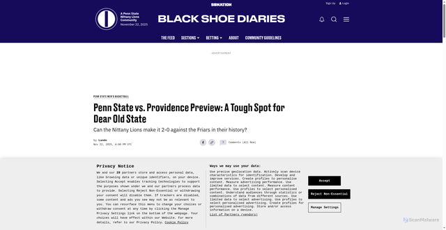 Security scan screenshot of https://www.blackshoediaries.com/mens-basketball/82117/penn-state-basketball-vs-providence-preview-kayden-mingo-mike-rhoadesa-tough-spot-for-dear-old-state