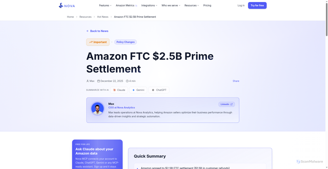 Security scan screenshot of https://novadata.io/resources/news/amazon-ftc-prime-settlement-refunds-2025