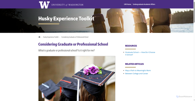 Security scan screenshot of https://sas.uaa.uw.edu/husky-experience/know-the-world/considering-graduate-or-professional-school/