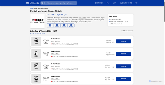 Security scan screenshot of https://golftickets.us/tickets/rocket-mortgage-classic/