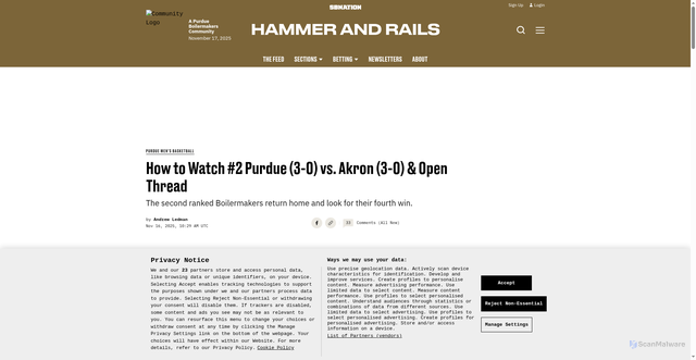 Security scan screenshot of https://www.hammerandrails.com/mens-basketball/56619/how-to-watch-2-purdue-3-0-vs-akron-3-0-open-thread