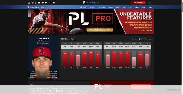 Security scan screenshot of https://pitcherlist.com/player/cade-smith/