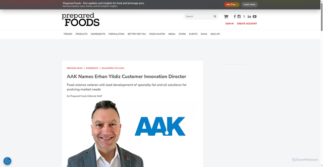 Security scan screenshot of https://www.preparedfoods.com/articles/131694-aak-names-erhan-yildiz-customer-innovation-director