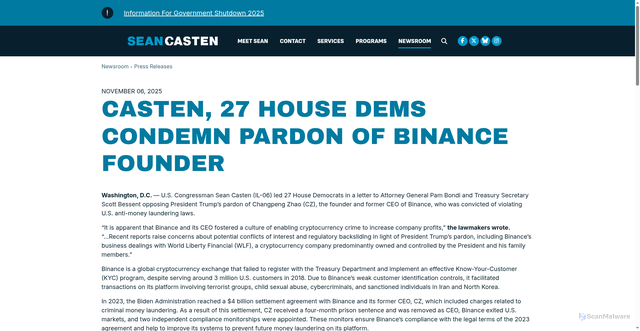 Security scan screenshot of https://casten.house.gov/media/press-releases/casten-27-house-dems-condemn-pardon-of-binance-founder