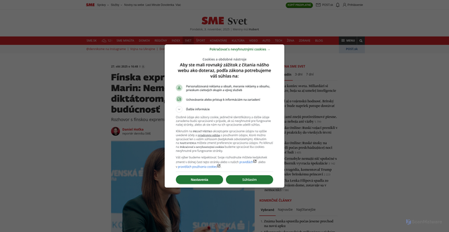 Security scan screenshot of https://svet.sme.sk/c/23562812/finska-expremierka-sanna-marin-nemozeme-dovolit-diktatorom-aby-urcovali-nasu-buducnost.html