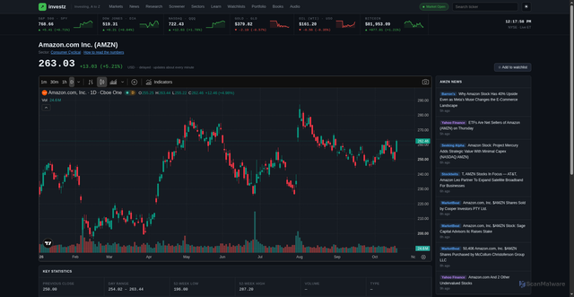 Security scan screenshot of https://investz.com/stocks/AMZN