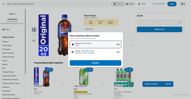 Security scan screenshot of https://order.homelandstores.com/store/homeland/products/2108-pepsi-cola-soda-20-fl-oz