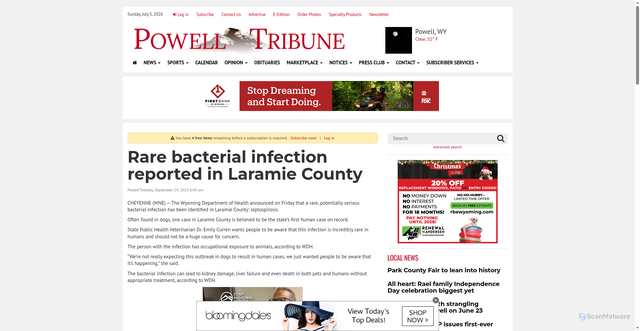 Security scan screenshot of https://www.powelltribune.com/stories/rare-bacterial-infection-reported-in-laramie-county,101292