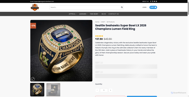 Security scan screenshot of https://leaguelockergear.com/product/seattle-seahawks-super-bowl-lx-2026-champions-lumen-field-ring/