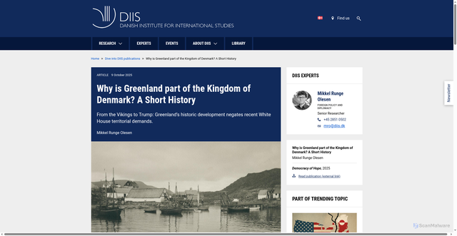 Security scan screenshot of https://www.diis.dk/en/research/why-is-greenland-part-of-the-kingdom-of-denmark-a-short-history