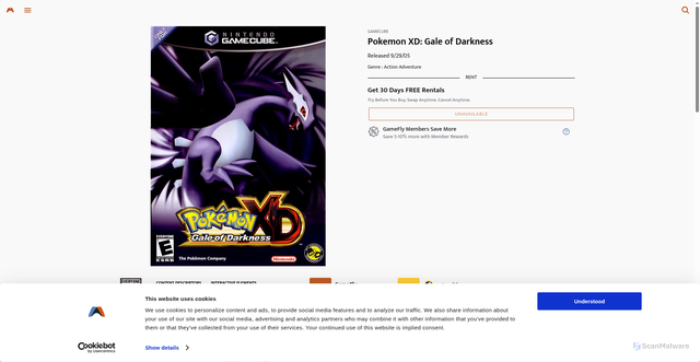 Security scan screenshot of https://www.gamefly.com/game/pokemon-xd-gale-of-darkness/114565?srsltid=AfmBOoqinMEd_vf3JTIEThRbhAGMIDMR8xADbk81jM0zq2eX-hUm3cmz