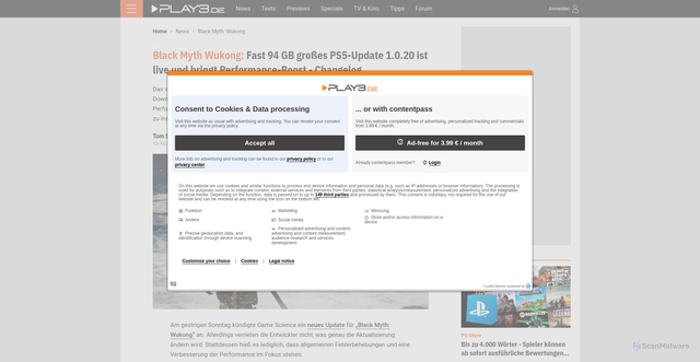 Security scan screenshot of https://www.play3.de/2025/10/13/black-myth-wukong-fast-94-gb-grosses-ps5-update-1-0-20-ist-live-und-bringt-performance-boost-changelog/