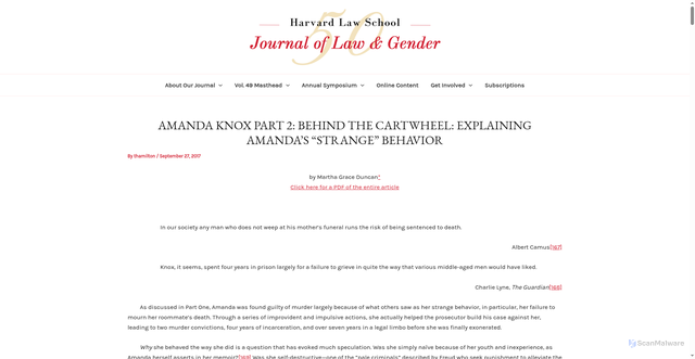 Security scan screenshot of https://journals.law.harvard.edu/jlg/2017/09/amanda-knox-part-2-behind-the-cartwheel-explaining-amandas-strange-behavior/