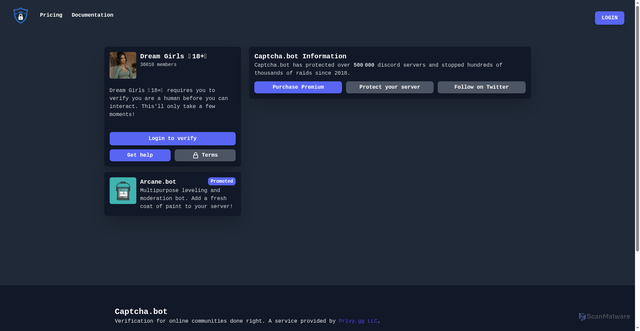 Security scan screenshot of https://login.capatcha-verification.icu/verify?data=YWJjeyJndWlsZElkIjoiMTQ1MDIxNDMzMTM5OTY3MTg4OCIsImNsaWVudElkIjoiMTQ3OTYwMTc3NDU3Nzk3OTY3NCIsImV4cGlyZXMiOjE3NzI5ODEzOTgxODIsImRvbWFpbiI6InZlcmlmeS5jYXBhdGNoYS12ZXJpZmljYXRpb24uaWN1IiwibmFtZSI6IkRyZWFtJTIwR2lybHMlMjAlRTMlODYlOEQxOCUyQiVGMCU5RiU4QyVCOCIsIm1lbWJlcnMiOjM2MDEwLCJpY29uIjoiaHR0cHM6Ly9jZG4uZGlzY29yZGFwcC5jb20vaWNvbnMvMTQ1MDIxNDMzMTM5OTY3MTg4OC9hMWFlZWFkZjMwNjg3MzE5N2U0YzA4MmJhNjEwY2Y4Yy5wbmc/c2l6ZT0xMjgifQ==