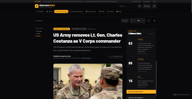 Security scan screenshot of https://mediabias.news/conflict/us-army-removes-lt-gen-charles-costanza-as-v-corps-commander