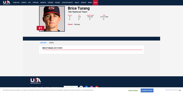 Security scan screenshot of https://www.usabaseball.com/player/brice-turang