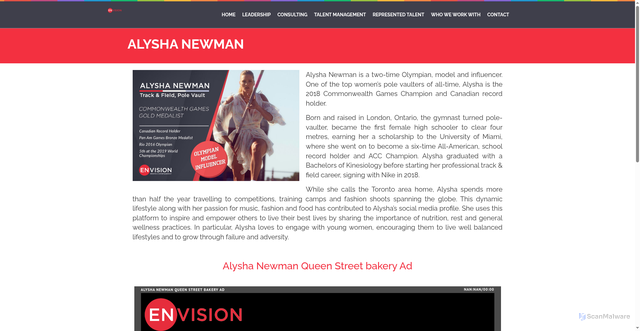 Security scan screenshot of https://envisionse.com/athlete-management/alysha-newman/
