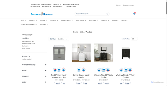 Security scan screenshot of https://secondsandsurplus.com/bath/vanities?srsltid=AU7gw4UAIQln_E2wqoc7qOEadyCIwB7KXmxQuw8oh8aaS5DKfCCTDDnA