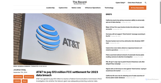 Security scan screenshot of https://therecord.media/att-13-million-fcc-settlement-data-breach