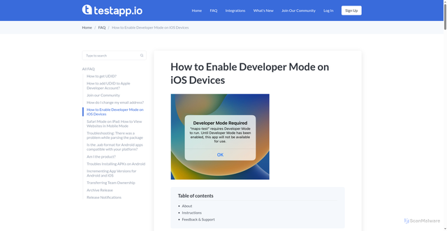 Security scan screenshot of https://help-static.pages.dev/faq/enable-developer-mode-ios/