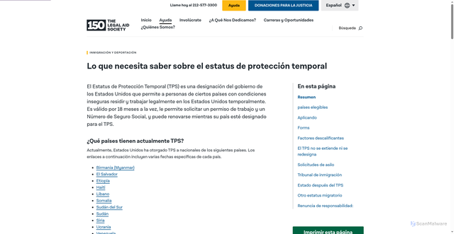 Security scan screenshot of https://es.legalaidnyc.org/get-help/immigration-deportation/what-you-need-to-know-about-temporary-protected-status/