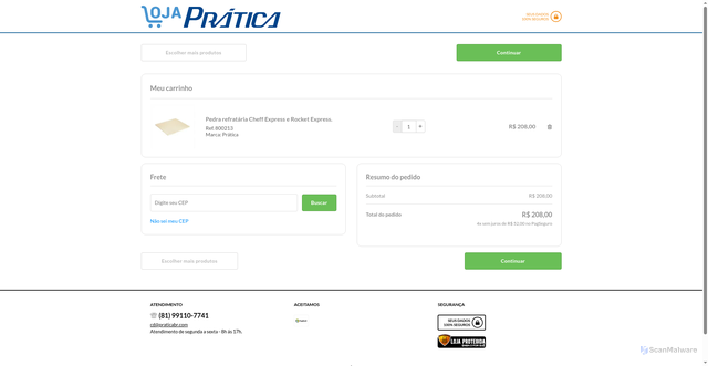 Security scan screenshot of https://loja.praticabr.com/loja/cartService.php?loja=447176&acao=incluir&IdProd=800401