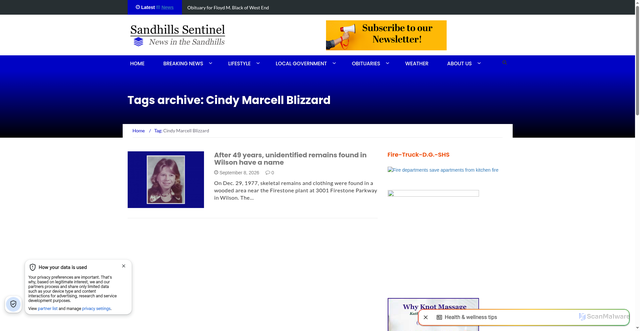 Security scan screenshot of https://sandhillssentinel.com/tag/cindy-marcell-blizzard/