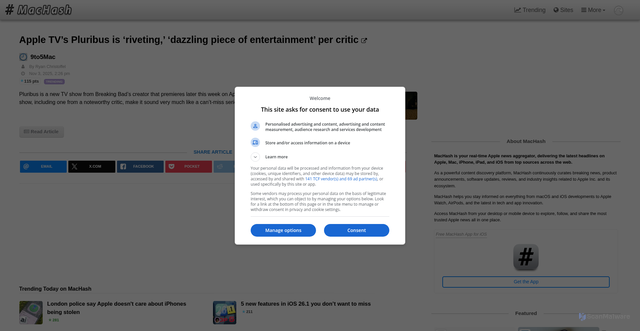 Security scan screenshot of https://machash.com/9to5mac/399687/apple-tvs-pluribus-riveting-dazzling-piece-entertainment/