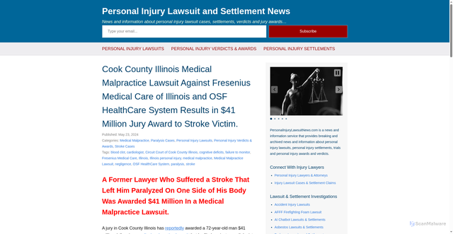 Security scan screenshot of https://personalinjurylawsuitnews.com/personal-injury-verdicts-awards/cook-county-illinois-medical-malpractice-lawsuit-against-fresenius-medical-care-of-illinois-and-osf-healthcare-system-results-in-41-million-jury-award-to-stroke-victim/