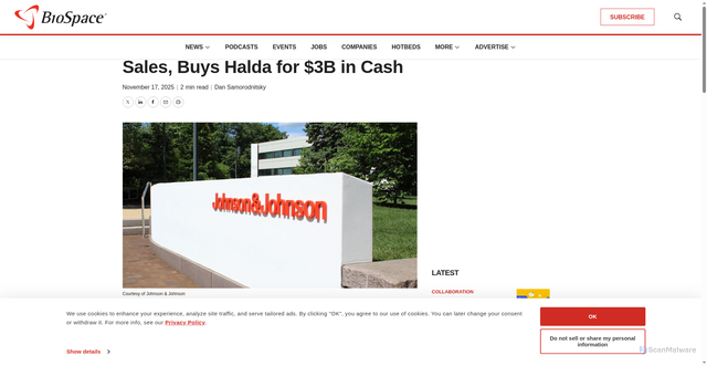 Security scan screenshot of https://www.biospace.com/business/j-j-aiming-for-50b-in-cancer-sales-buys-halda-for-3b-in-cash