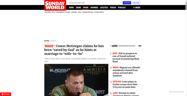 Security scan screenshot of https://www.sundayworld.com/sport/conor-mcgregor-claims-he-has-been-saved-by-god-as-he-hints-at-marriage-to-wife-to-be/a1762957158.html