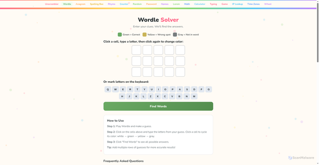 Security scan screenshot of https://wordle.mywordscramble.com/