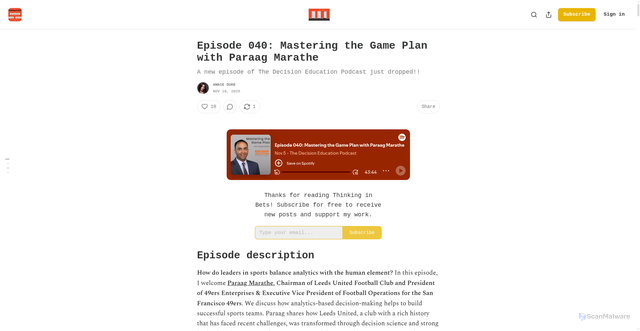 Security scan screenshot of https://annieduke.substack.com/p/episode-040-mastering-the-game-plan