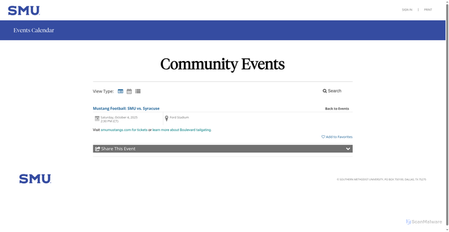 Security scan screenshot of https://calendar.smu.edu/site/community/event/mustang-football-smu-vs-syracuse/