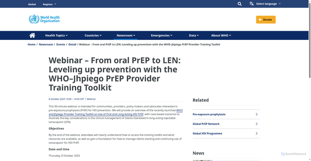 Security scan screenshot of https://www.who.int/news-room/events/detail/2025/10/08/default-calendar/webinar-from-oral-prep-to-len-leveling-up-prevention-with-the-who-jhpiego-prep-provider-training-toolkit
